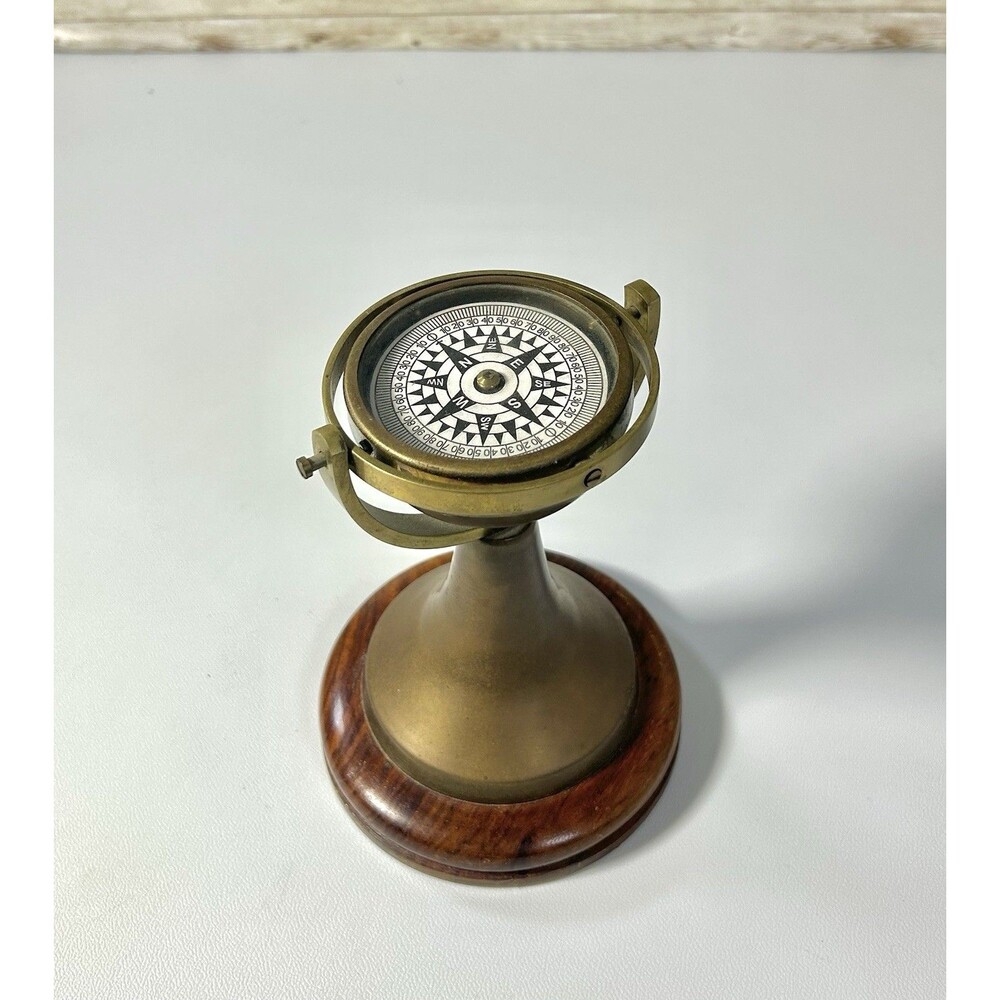 Vintage Brass Nautical Desk Compass Gimbaled Maritime Wooden Base Decor